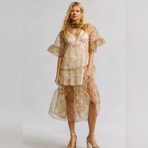 BY ANTHROPOLOGIE TIERED SHEER PRINTED DRESS. Medium. Nwt